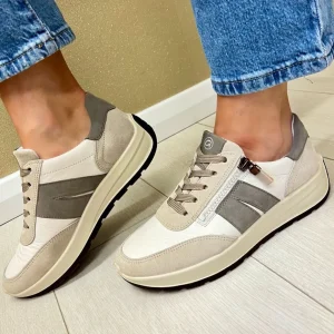 Ara Ladies Cream/Taupe Combination Laced/Zip Trainer 25102-05
