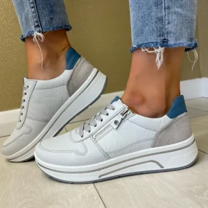 Ara Ladies Light Grey/Blue Soft Leather Combination Laced/Zip Trainer 27540