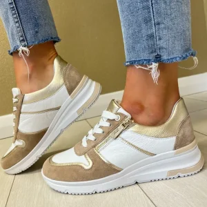 Ara Ladies Sand/Gold/White Soft Leather Combination Laced/Zip Trainer 38412