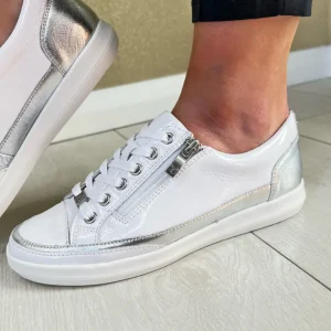 Caprice White/Silver Patent Leather Laced/Zip Trainer 23706-44 183