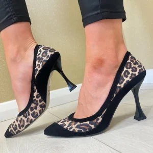 Emis Ladies Black/Leopard Leather Dressy Heeled Shoe ZPAN7993