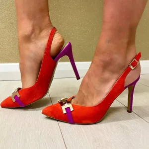 Emis Ladies Orange Suede Leather Slingback Gold Chain Heeled Sandal Z8186