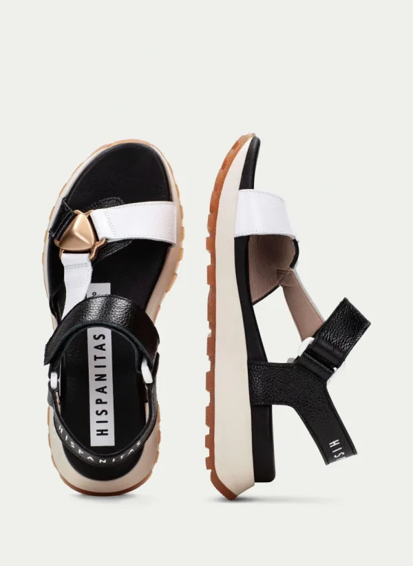 Hispanitas Ladies Black/White Leather Velcro Sandal 253896
