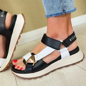 Hispanitas Ladies Black/White Leather Velcro Sandal 253896