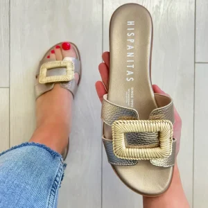 Hispanitas Ladies Gold Metallic Leather Mule Slider Sandal 253881
