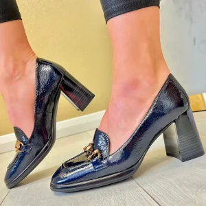 Hispanitas Ladies Navy Patent Chain Heeled Loafer Shoe 233109