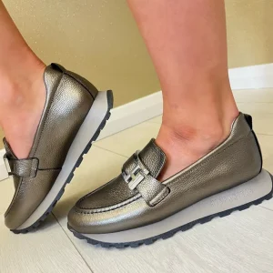 Hispanitas Ladies Pewter Leather Chain Loafer Shoe 243621