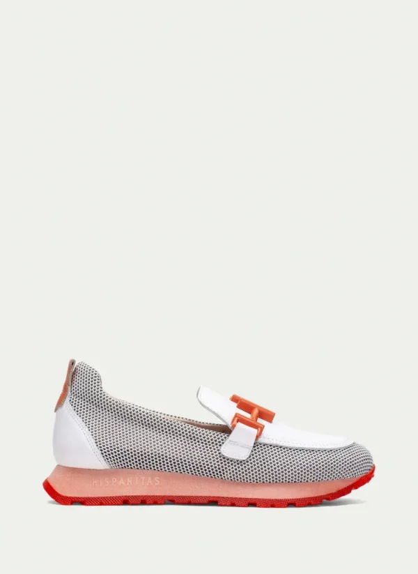 Hispanitas Ladies White/Coral Combination Leather Chain Loafer Shoe 253919