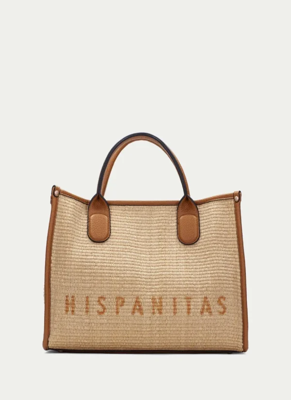 Hispanitas Tan Leather Natural Straw Tote Bag BV253833