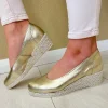 Jose Saenz Gold Metallic Leather Espadrille Low Wedge Loafer Shoe 3600-M