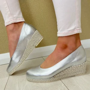 Jose Saenz Silver Leather Espadrille Low Wedge Loafer Shoe 3600-M