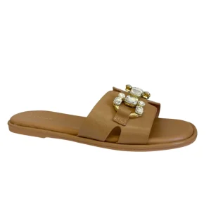 Lotus Ladies Tan Diamante Chain Flat Slider Sandal FANO