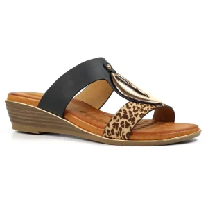 Lunar Black/Leopard Low Wedge Mule Sandal PARADISE JLH523
