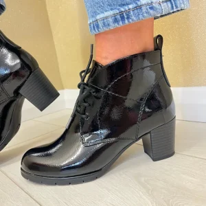 Marco Tozzi Ladies Black Patent Laced Heeled Ankle Boot 25109-41-018
