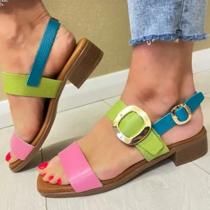 Oh My Sandals Ladies Green Multi Soft Leather Low Heel Sandal 5609