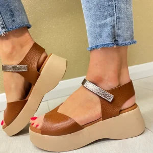 Oh My Sandals Ladies Tan Soft Leather Velcro Platform Sandal 5680