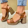 Oh My Sandals Ladies Tan Soft Leather Gold Chain Heeled Sandal 5636