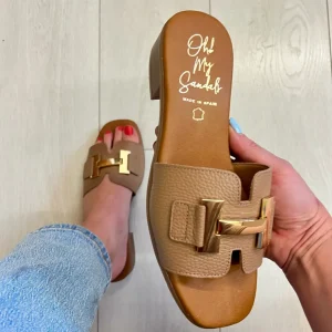 Oh My Sandals Ladies Tan Soft Leather Gold Chain Mule Sandal 5605