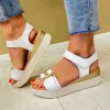 Oh My Sandals Ladies White Leather Gold Chain Velcro Wedge Sandal 5672
