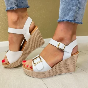 Oh My Sandals Ladies White Soft Leather Platform Wedge Sandal 5726