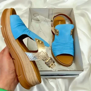 Paula Urban Blue/Gold Metallic Soft Leather Platform Sandal 24-17
