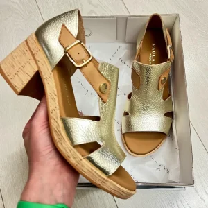Paula Urban Gold Metallic/Tan Soft Leather Block Heel Sandal 34-765