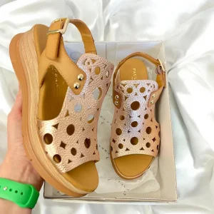 Paula Urban Rose Metallic/Tan Perforated Soft Leather Platform Sandal 24-654