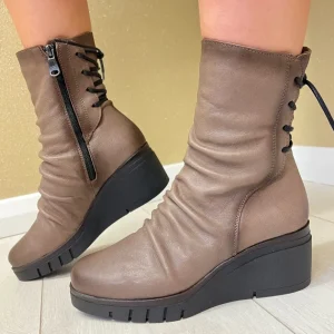 Paula Urban Taupe Soft Leather Wedge Mid-Calf Boot 10-1137
