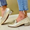 Pitillos Ladies Gold Metallic Leather Block Heel Loafer Shoe 5771