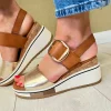 Redz Ladies Tan/Gold Buckle Strap Wedge Sandal CF024BE03