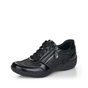 Remonte Ladies Black Patent/Metallic Stretch-Fit Laced/Zip Trainer R7637-03