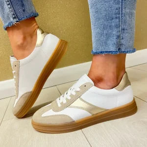 Remonte Ladies White/Gold Suede/Leather Laced Trainer D2C01-81