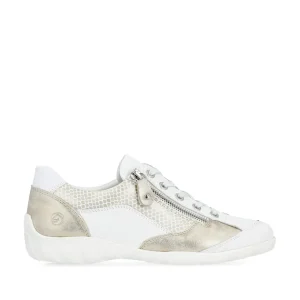 Remonte Ladies White/Shell Snakeprint Combination Laced/Zip Trainer R3410-81