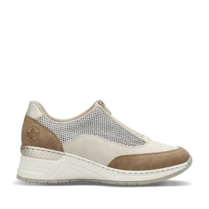 Rieker Ladies Beige Combination Zip-Front Wedge Trainer N4357-60