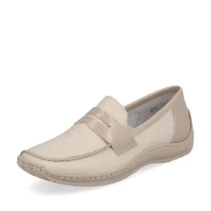 Rieker Ladies Beige Leather/Patent Combination Slip-On Flat Loafer Shoe L1752-60