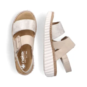 Rieker Ladies Beige/Gold Velcro Straps Low Wedge Sandal 69260-60