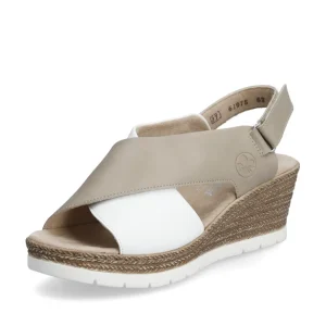 Rieker Ladies Beige/White Crossover Strap Wedge Sandal 61975-62