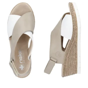 Rieker Ladies Beige/White Crossover Strap Wedge Sandal 61975-62