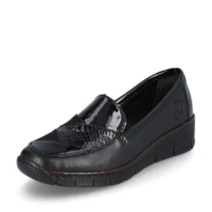 Rieker Ladies Black Combination Low Wedge Loafer Shoe 53785-00