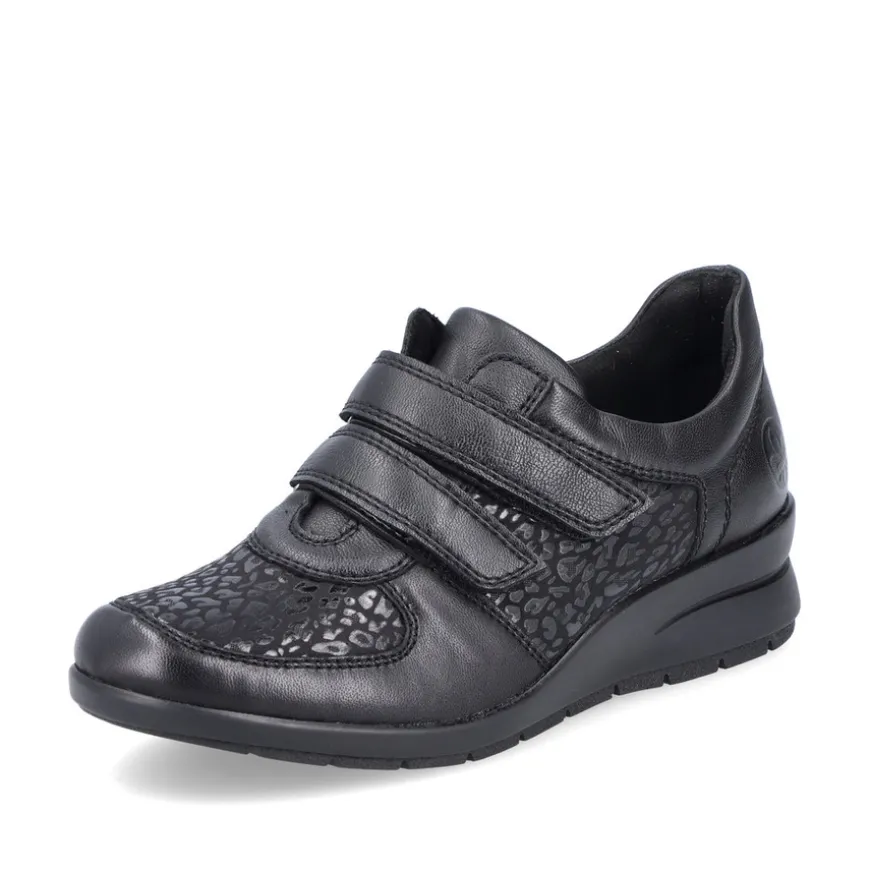 rieker_ladies_black_combi_0-4.webp Rieker Ladies Black Combination Stretch Fit Low Wedge Velcro Shoe L4868-00