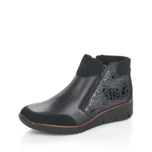 Rieker Ladies Black Combination Low Wedge Double-Zip Ankle Boot 53782-00