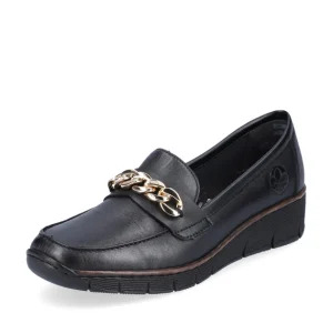Rieker Ladies Black Gold Chain Wedge Loafer Shoe 53777-00