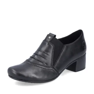 Rieker Ladies Black Leather Elasticated Slip-On Block Heel Shoe 41657-00