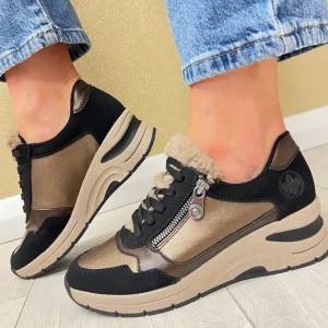 Rieker Ladies Black/Bronze Laced/Zip Wedge Trainer N9301-90
