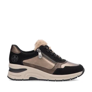 Rieker Ladies Black/Bronze Laced/Zip Wedge Trainer N9301-90
