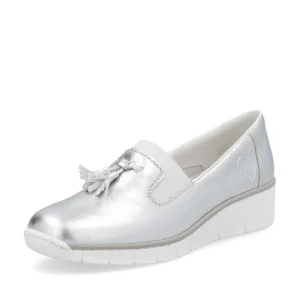 Rieker Ladies Silver Metallic Tasseled Wedge Loafer Shoe 53751-90