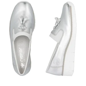 Rieker Ladies Silver Metallic Tasseled Wedge Loafer Shoe 53751-90