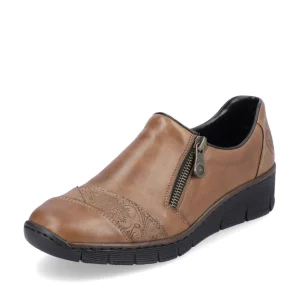Rieker Ladies Tan Combination Low Wedge Side-Zip Shoe 53761-24