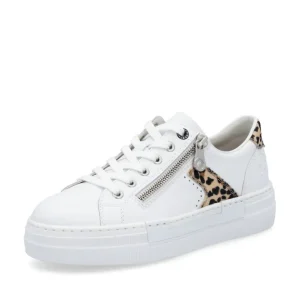 Rieker Ladies White/Leopard Combination Lace/Zip Trainer N4924-81