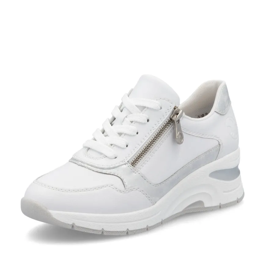 rieker_ladies_whitesilver_0.webp Rieker Ladies White/Silver Combination Lace/Zip Wedge Trainer N9301-80
